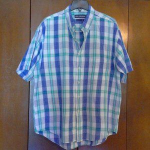 Men’s Large short-sleeve button down shirt white blue & green plaid